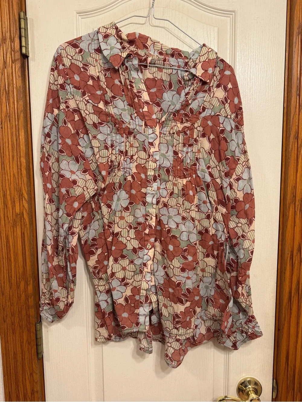 Free People Floral Button-Front Blouse in Rust and Light Blue